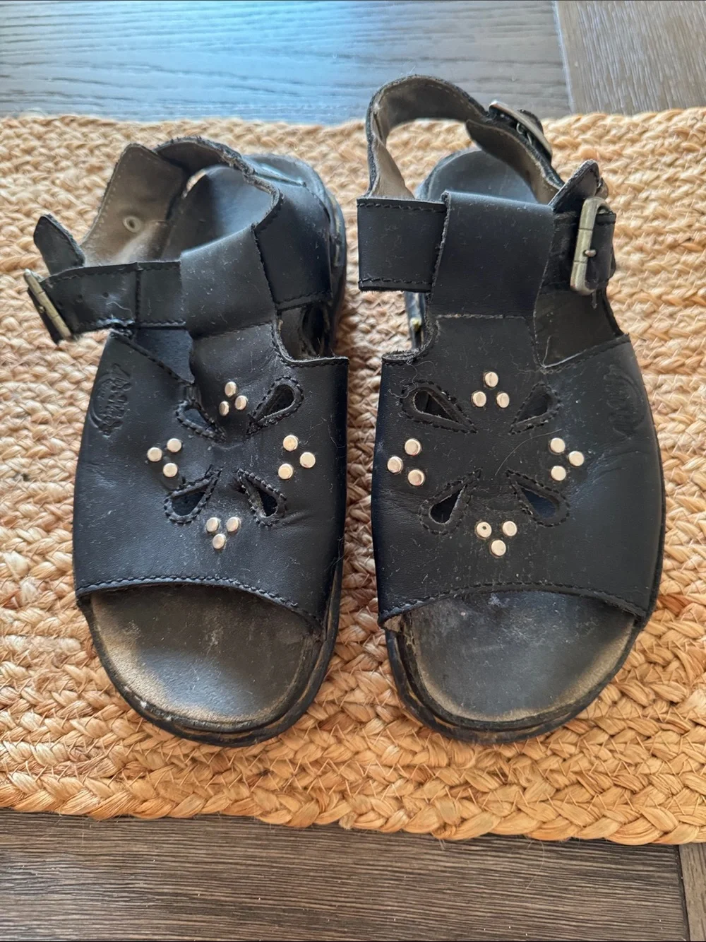 Dr Martens Black Leather Girls Sandals with Flower Cutouts